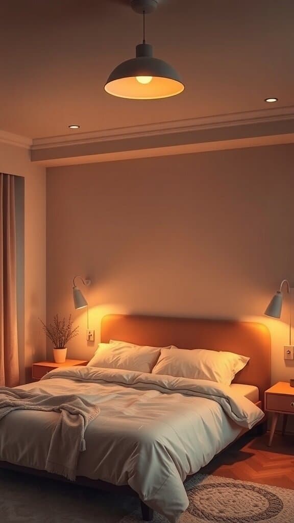 A cozy bedroom with warm lighting fixtures, featuring a ceiling light and wall lamps, creating a serene atmosphere.