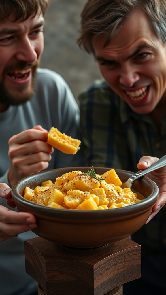 Two friends sharing a bowl of corn pudding, one holding cornbread, with mixed reactions.