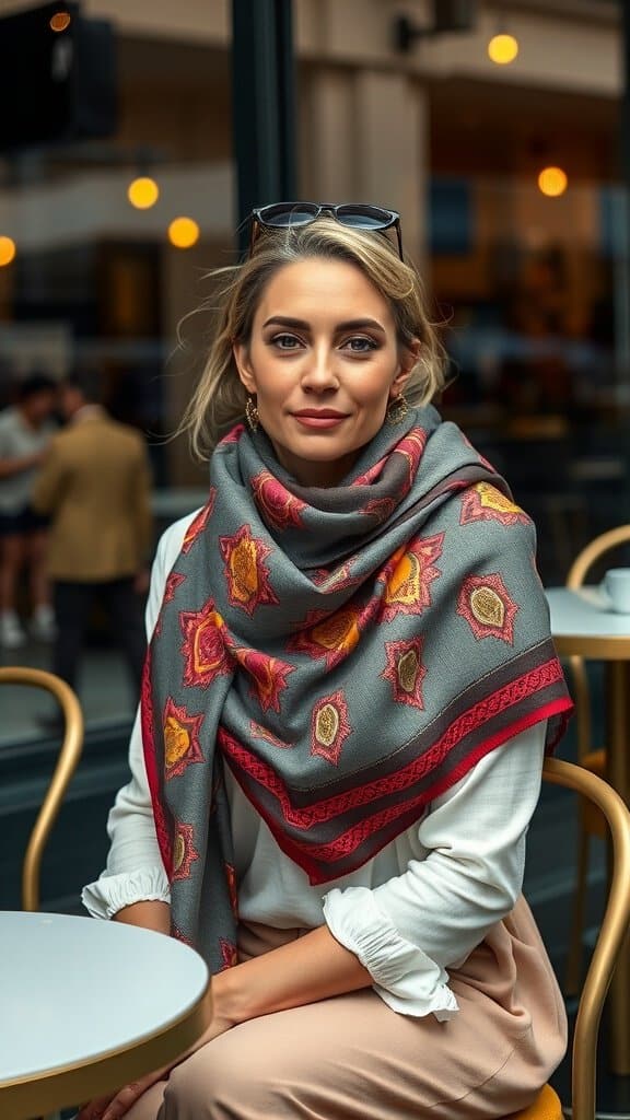 A woman sitting at a café wearing a printed scarf, adding color to her outfit.