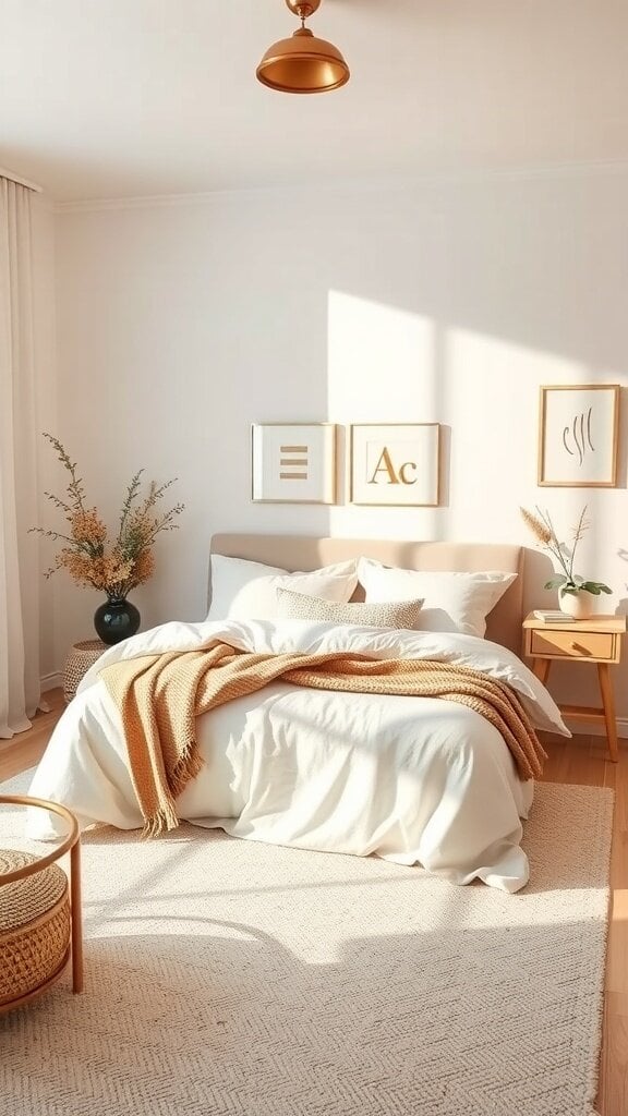 A serene bedroom with white bedding, warm throw, and natural light.