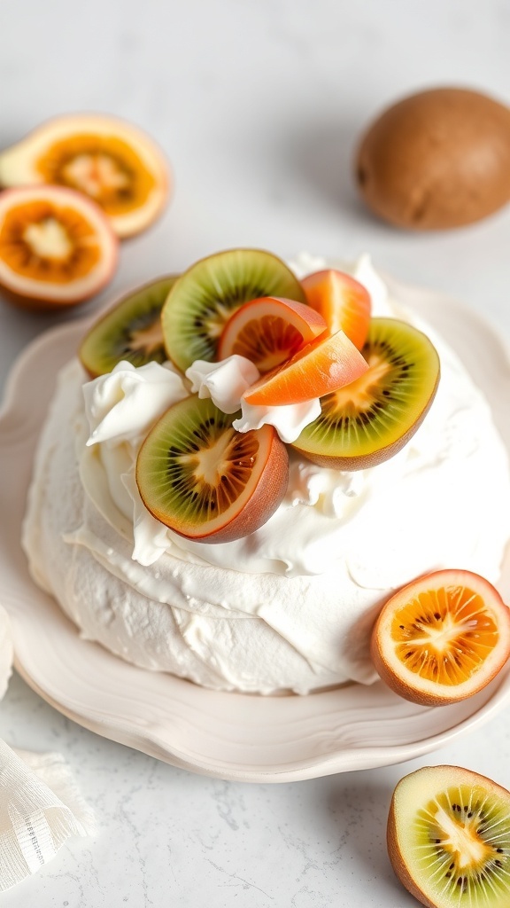 A beautiful pavlova topped with kiwi and passion fruit, showcasing a light and airy dessert.