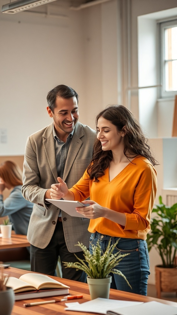 A man speaking to a woman, showing encouragement and support in a conversation.