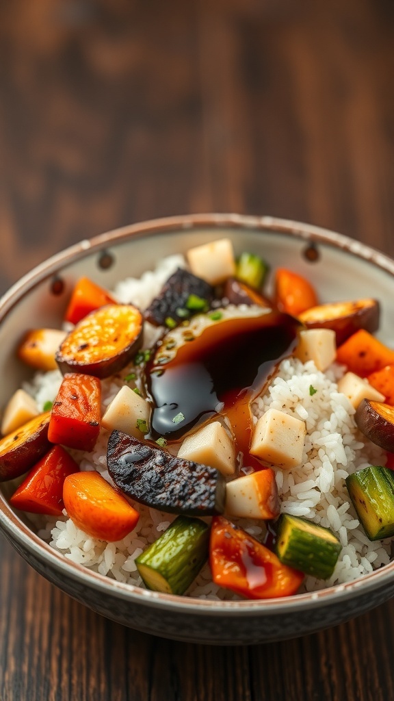 A rice bowl filled with grilled vegetables and drizzled with sauce.