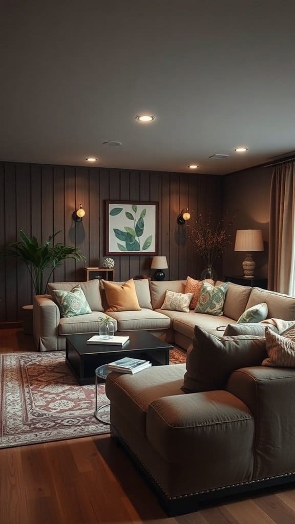 Cozy living room with a sectional sofa, decorative pillows, and a coffee table.
