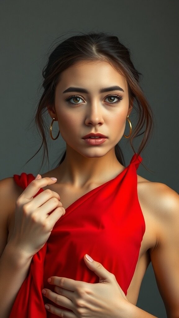 A woman wearing a bright red dress, showcasing bold fashion choices.