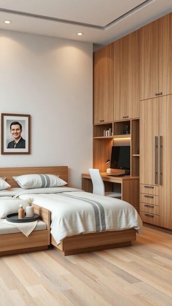 A modern bedroom featuring multi-functional furniture, including a bed with storage, a nightstand, and a desk area.