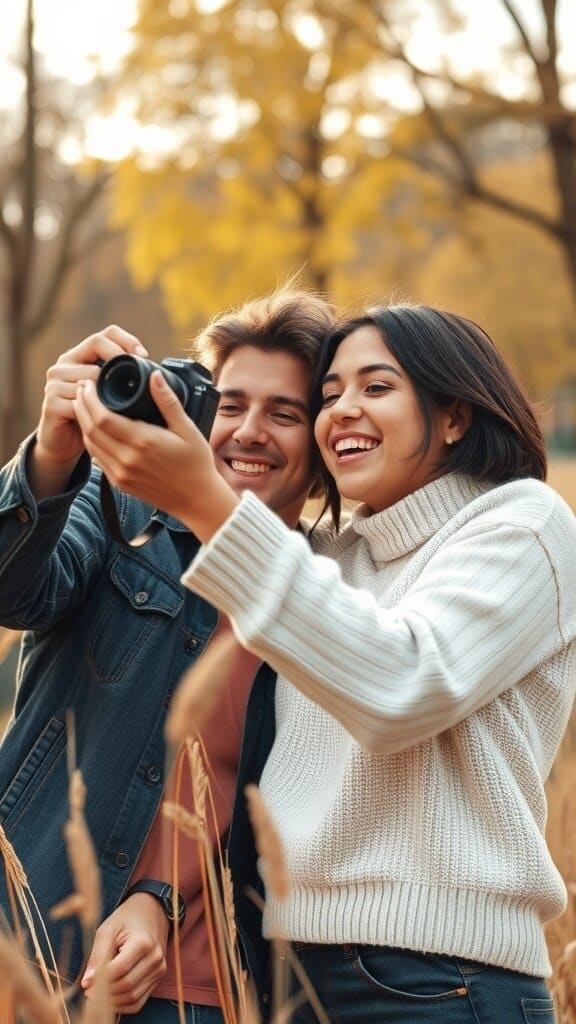 A couple happily taking a photo together in a park during autumn.