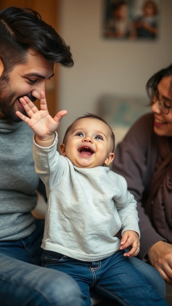 A happy baby reaching out to their parents, showing excitement and joy.