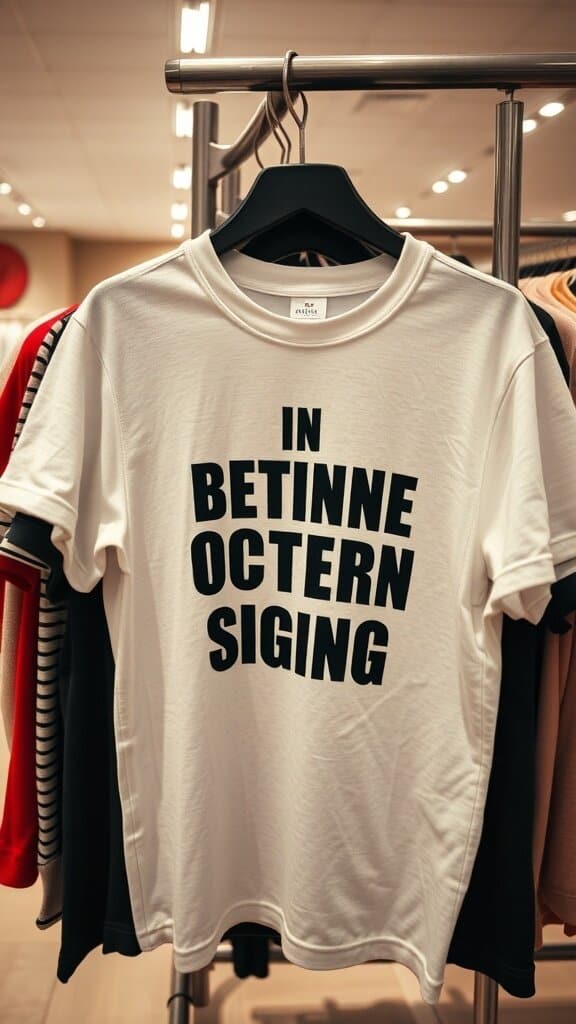 A white t-shirt with a bold slogan hanging on a rack in a store.