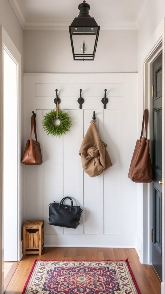 A cozy entryway featuring a small bench, a chair, and a plant.