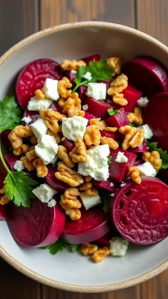 A vibrant beet salad with goat cheese, walnuts, and fresh herbs in a bowl.