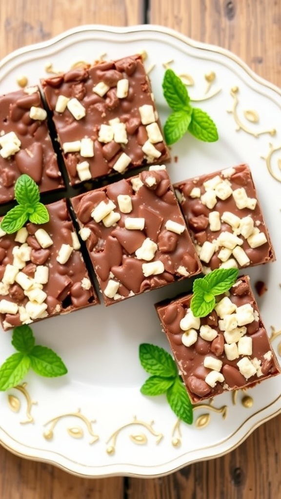Chocolate Mint Rice Krispie Treats on a decorative plate with mint leaves