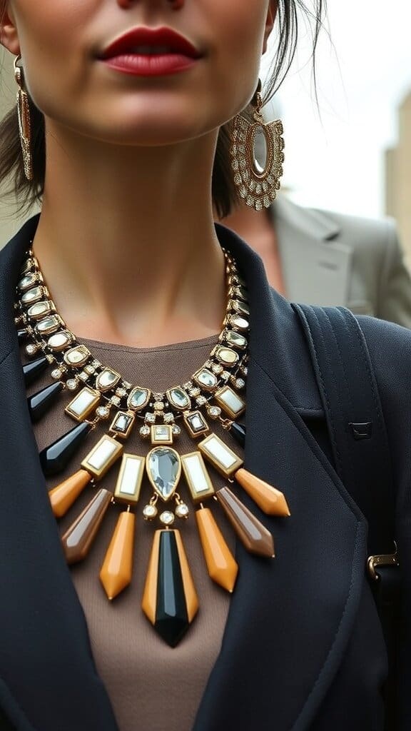 A close-up of a woman wearing a bold statement necklace and earrings, showcasing a stylish outfit.