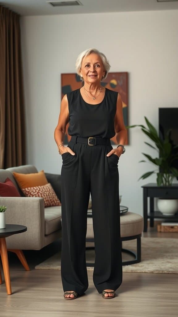 A woman over 50 wearing a black jumpsuit, standing confidently in a stylish living room.