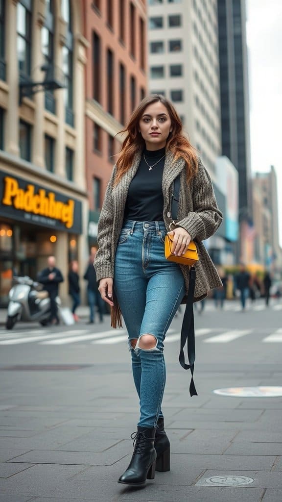 A woman walking confidently in a city, wearing an oversized sweater, fitted jeans, and stylish boots, holding a bright yellow bag.