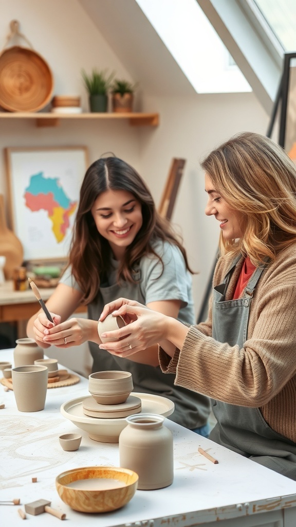 Two women enjoying a pottery class, smiling and creating pottery together.