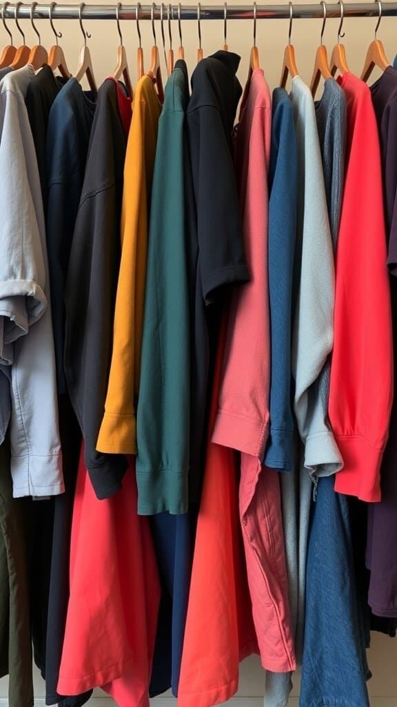 A variety of colorful tops hanging on a rack, showcasing different color combinations.