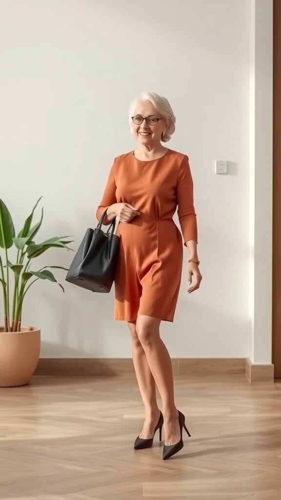 A woman in a stylish orange dress and high heels, smiling while holding a black handbag.