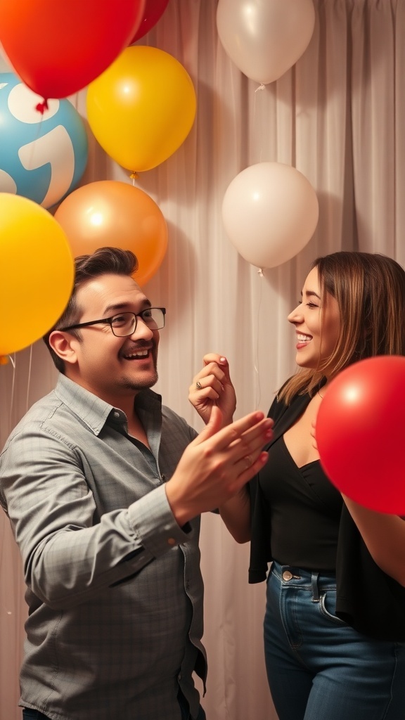 A man giving flowers to a woman during a celebration with balloons and a birthday banner.