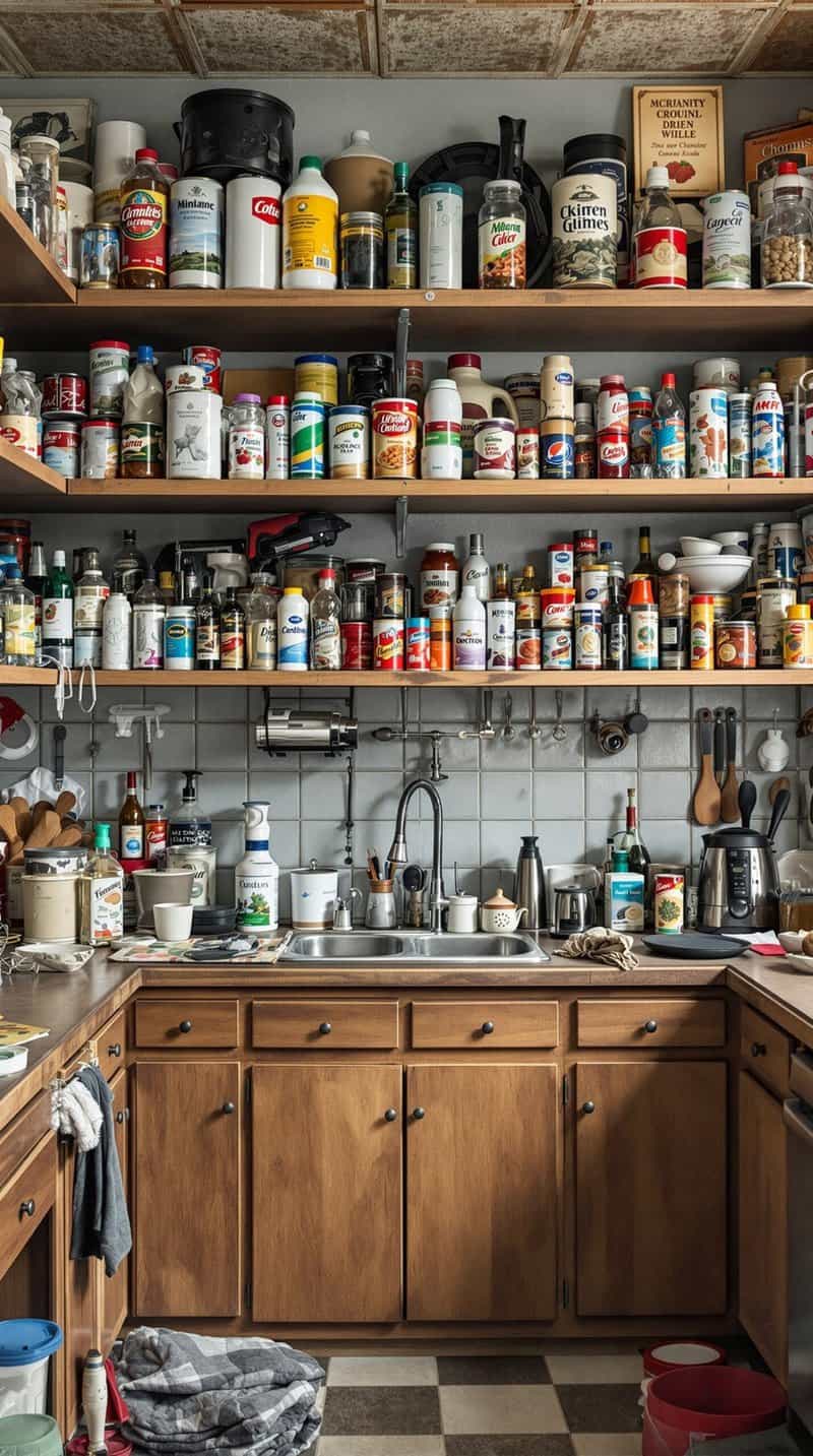 A cluttered kitchen with excessive open shelving filled with various jars and bottles.