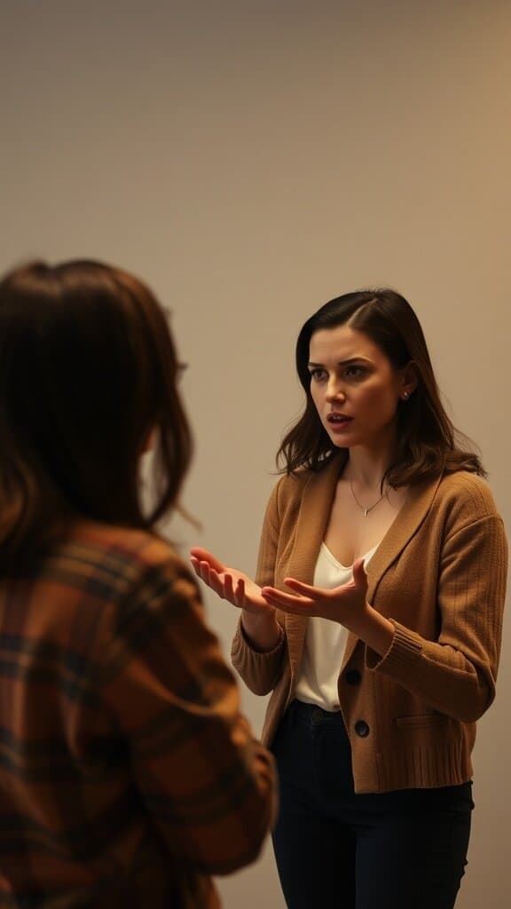 A woman expressing herself during a conversation, showcasing assertiveness and confidence.