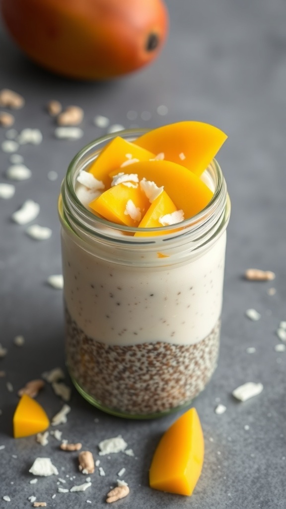 A jar of mango coconut chia seed pudding topped with mango slices and coconut flakes.
