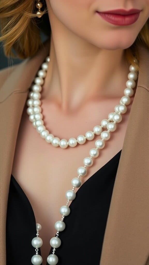 Close-up of a woman wearing a pearl necklace with a blazer