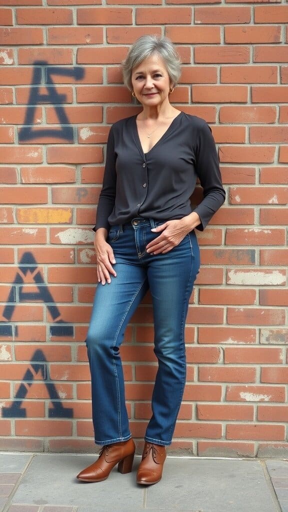 A woman over 50 wearing blue jeans and a black top, standing against a brick wall.