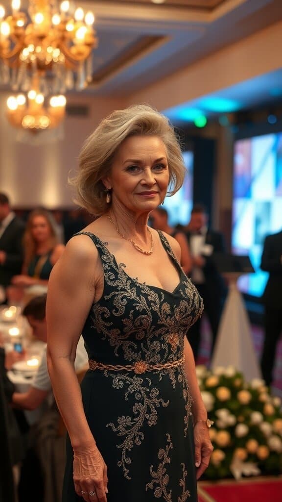 A woman over 50 in an elegant navy evening dress with gold embroidery, standing confidently at a formal event.