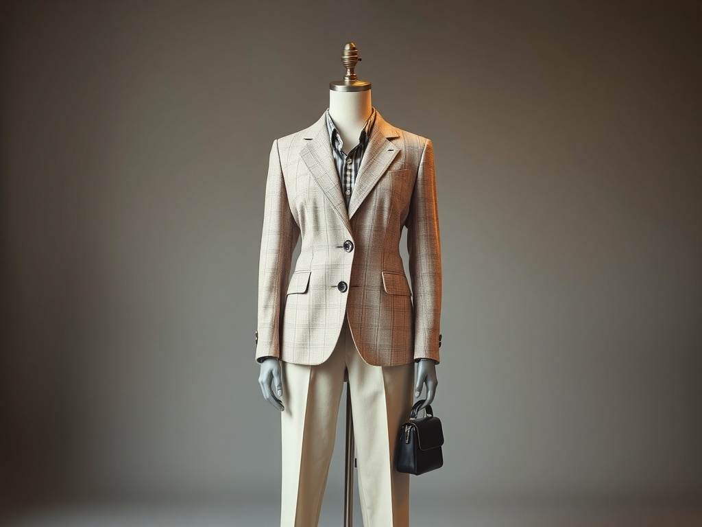 A tailored blazer displayed on a mannequin, paired with tailored pants and a small handbag.