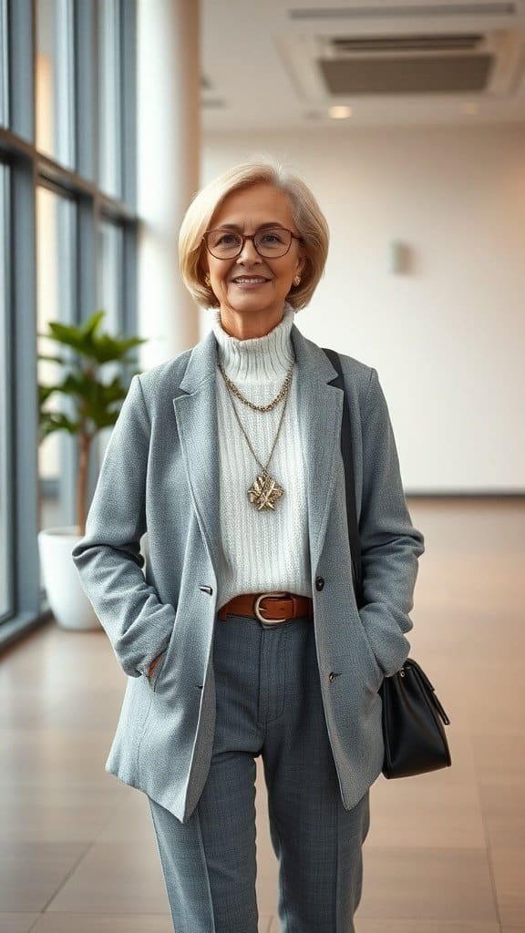 A stylish older woman wearing a gray blazer and white turtleneck, standing confidently with a handbag.