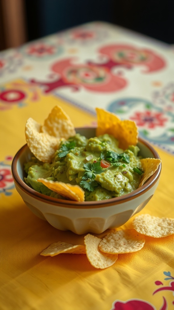 A bowl of guacamole with tortilla chips on a colorful tablecloth.