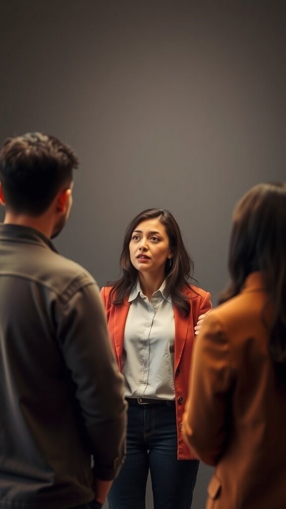 A woman in an orange blazer engaging in conversation with two people, showcasing confident body language.