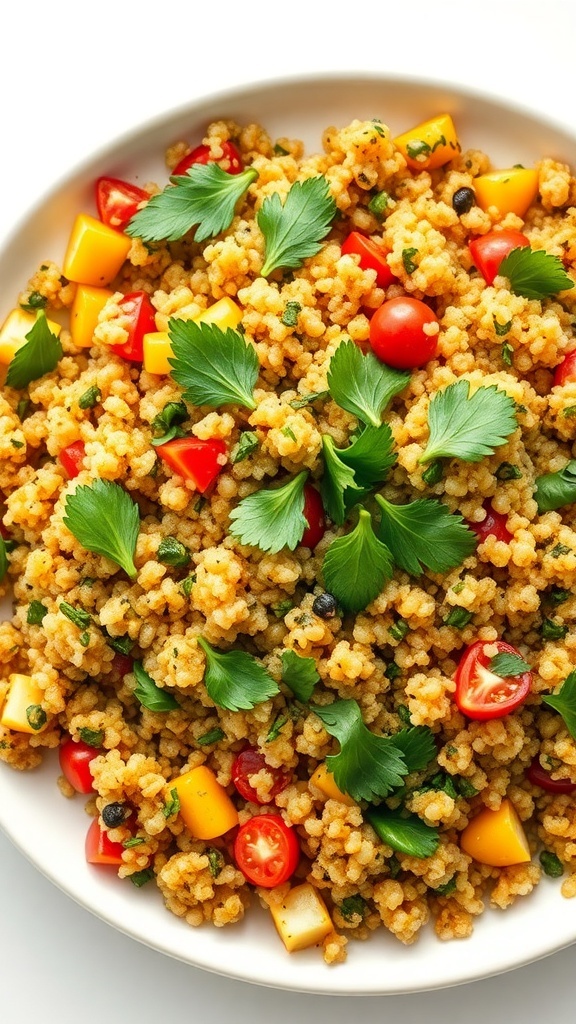 A colorful bowl of vegetable fried quinoa with bell peppers, cherry tomatoes, and fresh herbs.