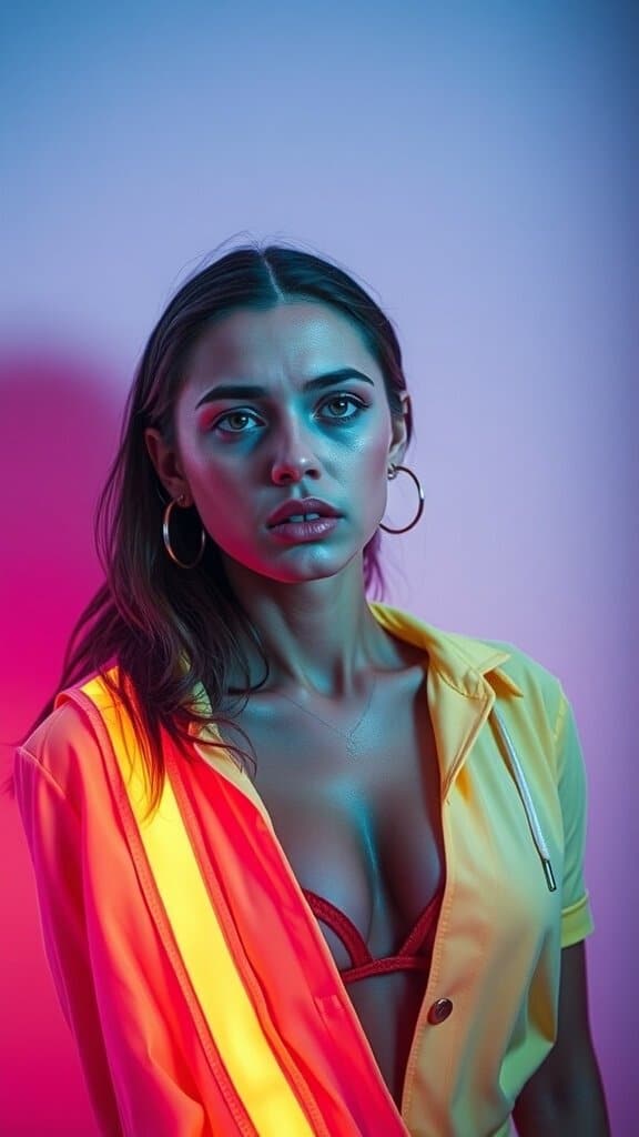 A model wearing a neon yellow and pink outfit with a serious expression.