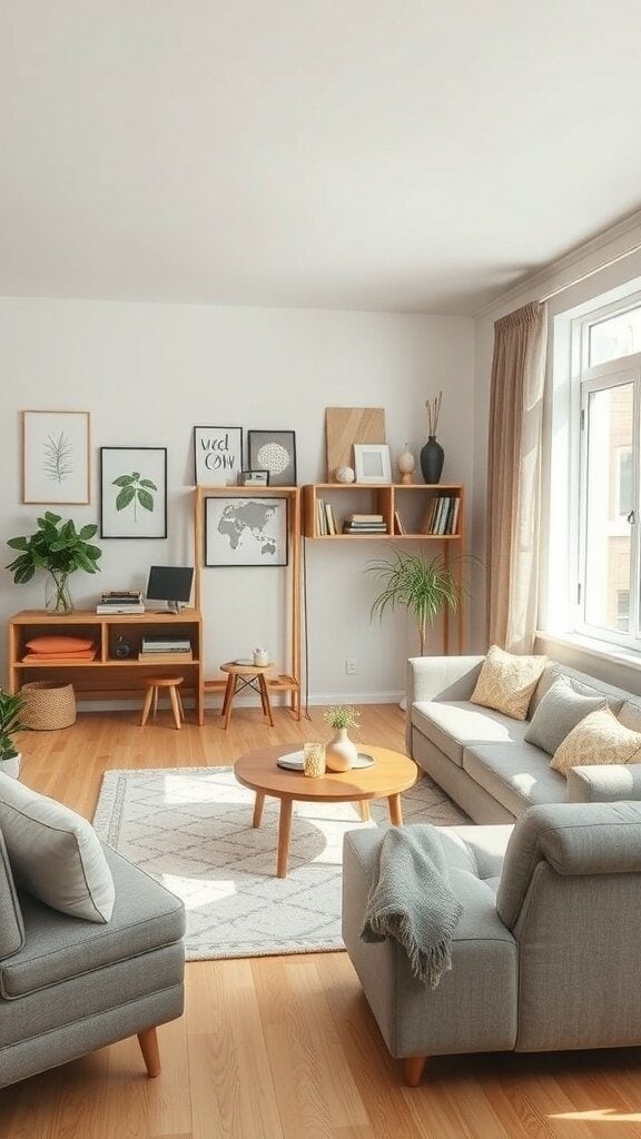 A bright and cozy living room featuring a comfortable sofa, stylish chairs, wooden furniture, and plants, illustrating functional decor.