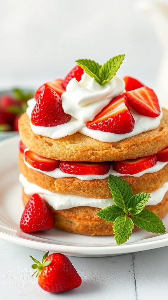 A delicious strawberry shortcake layered with fresh strawberries and whipped cream, garnished with mint leaves.