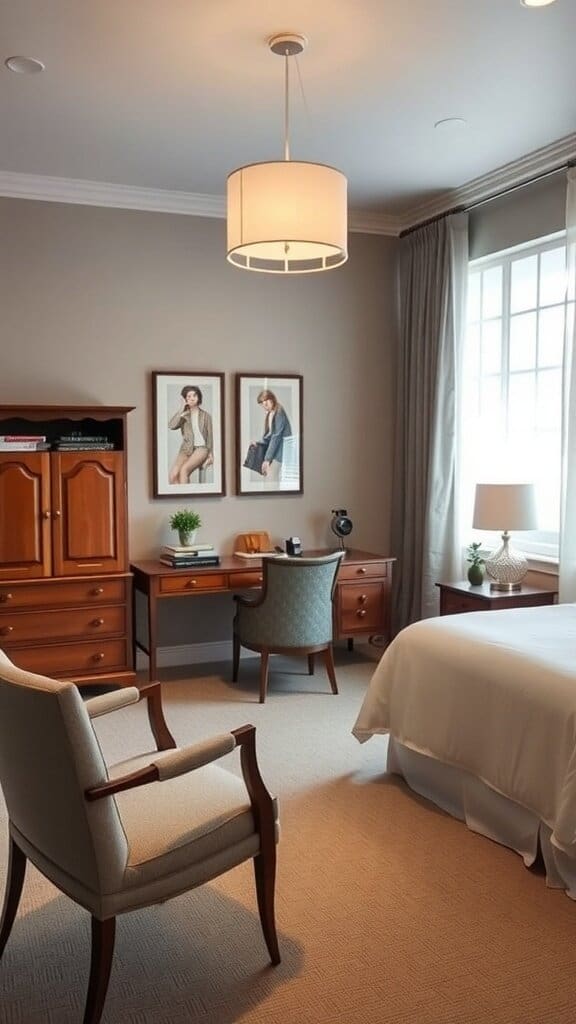 A guest bedroom with two chairs, a desk, and a bed, showcasing a neutral color scheme.