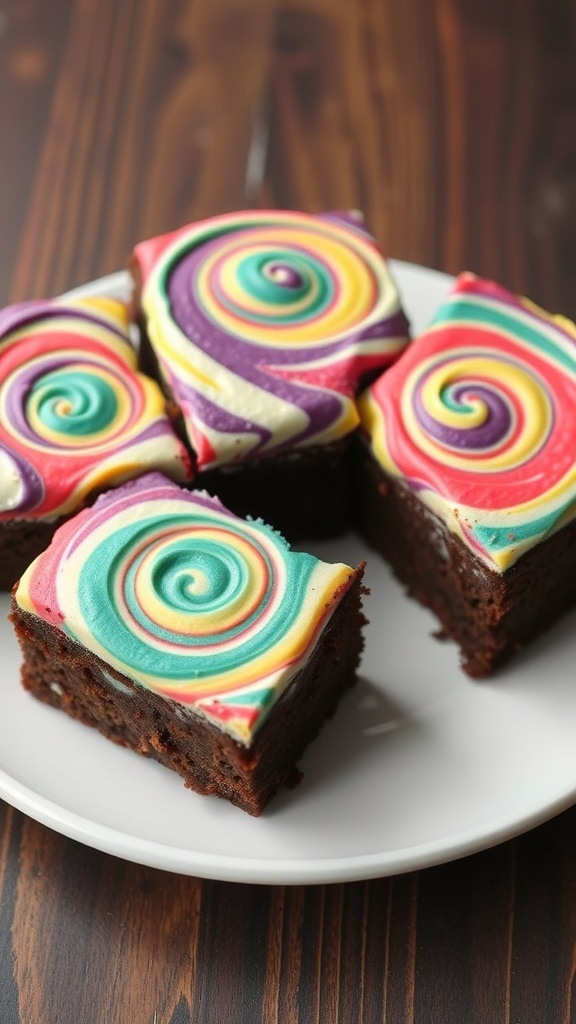 Colorful swirled frosted brownies on a white plate