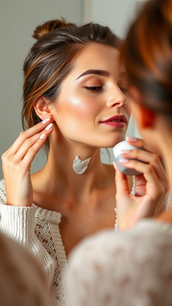 A woman applying skincare product to her neck while looking in a mirror.