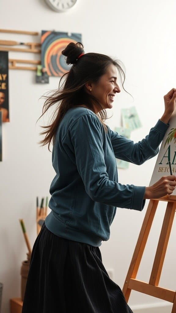 A woman joyfully painting, showcasing her passion and engagement in her hobby.