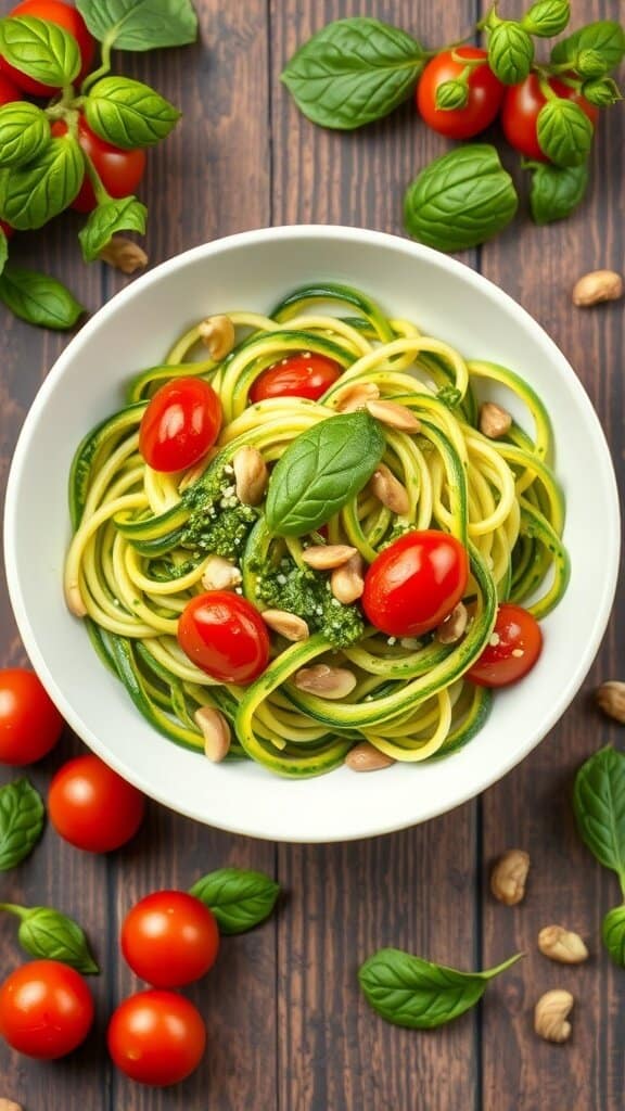 A bowl of zucchini noodles topped with pesto, cherry tomatoes, and cashews, surrounded by fresh basil and cherry tomatoes on a wooden table.