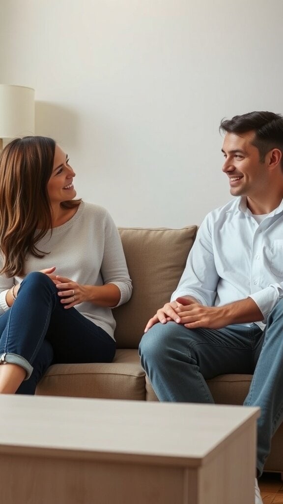 A couple sitting on a couch, smiling and engaging in a warm conversation.