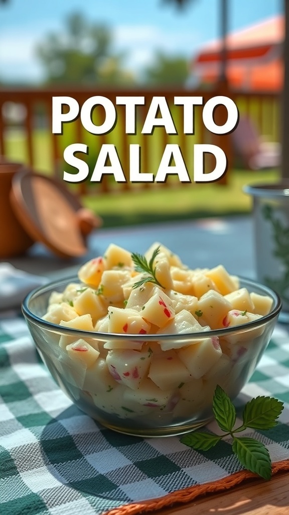 A bowl of potato salad on a checkered tablecloth
