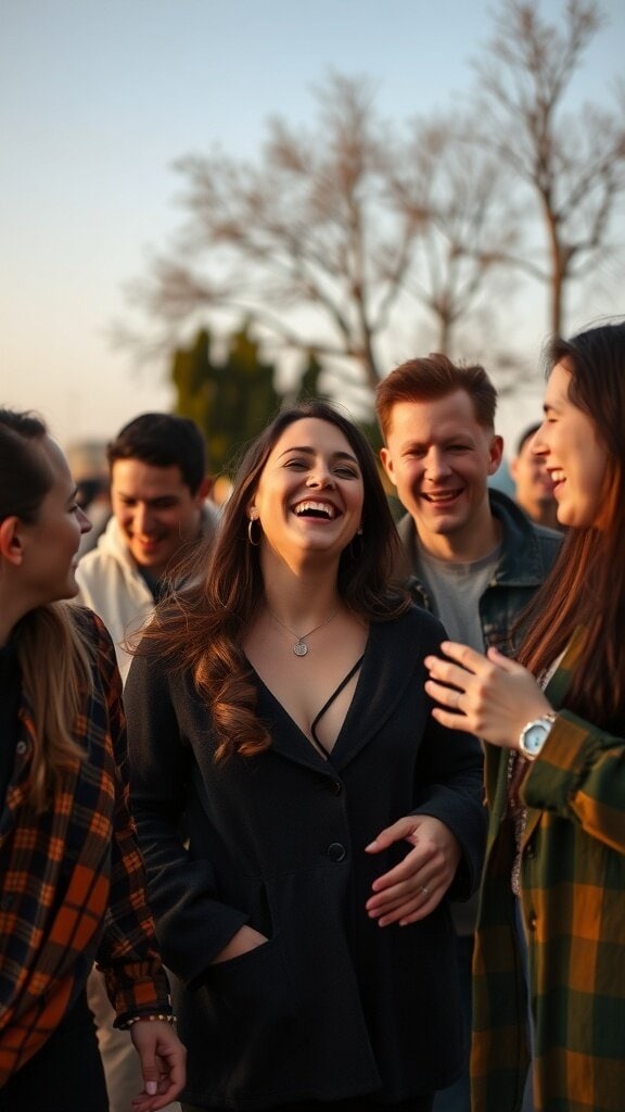A group of friends laughing together outdoors, showcasing a joyful moment.