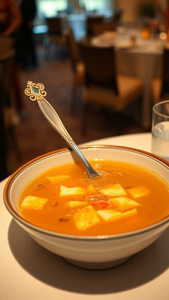 A bowl of wedding soup with potatoes and a decorative spoon.