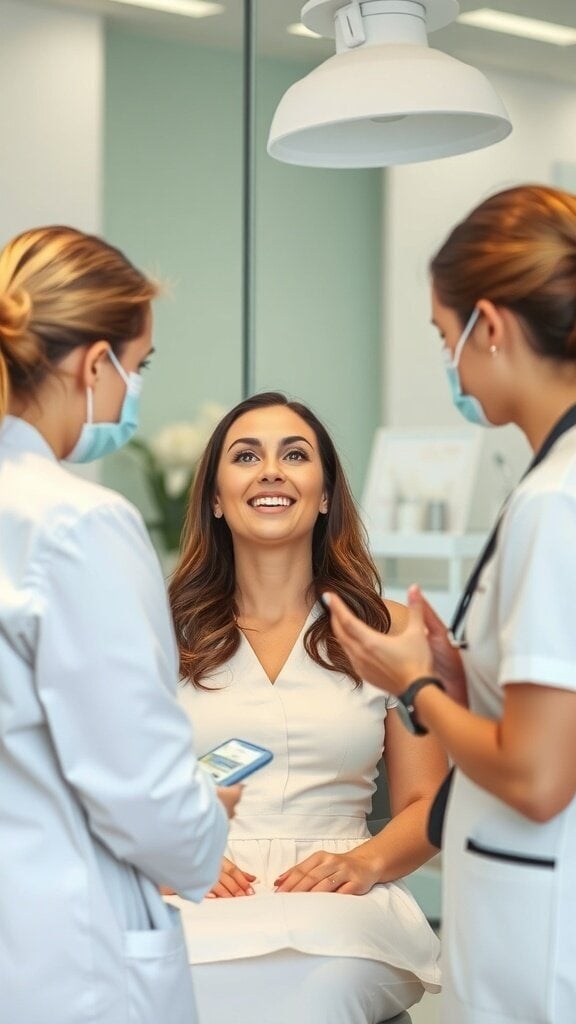 A woman smiling in a skincare clinic while talking to two professionals.