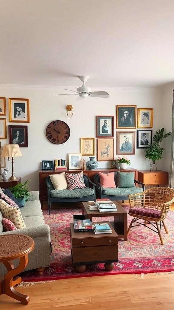 A cozy living room with framed portraits, a clock, and comfortable seating.