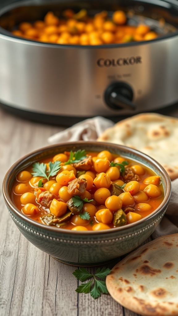 A bowl of vegetable curry with chickpeas, garnished with cilantro, next to naan bread and a crockpot in the background.