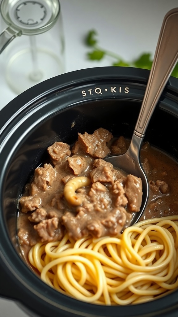 A bowl of bland beef stroganoff served with egg noodles in a slow cooker.